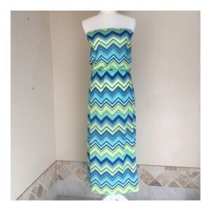 Lily Bleu Strapless Chevron Maxi Casual Dress Neon Striped Belted, Size L